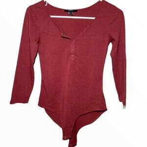 FOREVER 21 Bodysuit Button-Front Long Sleeve Snap Rust Red Small